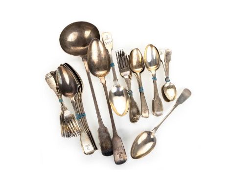 GEORGE IV SILVER CUTLERY SUITE, WILLIAM ELEY I & WILLIAM FEARN, LONDON, VARIOUS DATE LETTERS comprising a soup ladle, a servi