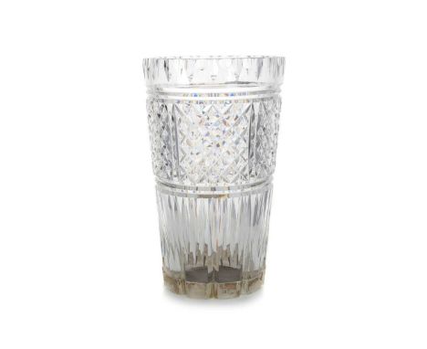 LARGE CUT CRYSTAL SILVER MOUNTED VASE, HAMILTON & INCHES, EDINBURGH ASSAY MARKS of tapering cylindrical form, with star cut d