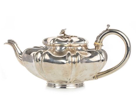 GEORGE IV SILVER TEAPOT, EDWARD BARTON, LONDON 1828  of squat shaped gourd form, the hinged cover with foliate finial, on a d