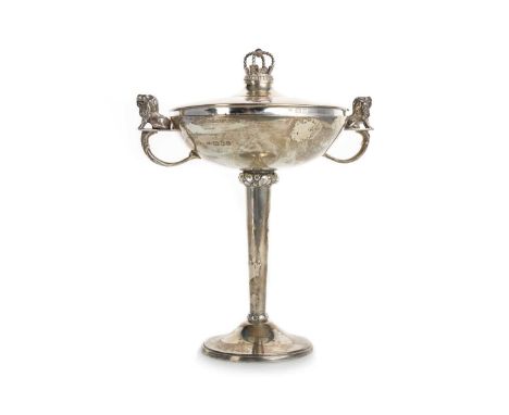 GEORGE V ART DECO SILVER LIDDED TAZZA, CHARLES BOYTON, LONDON 1936 with crown finial to the detachable circular lid, flanked 