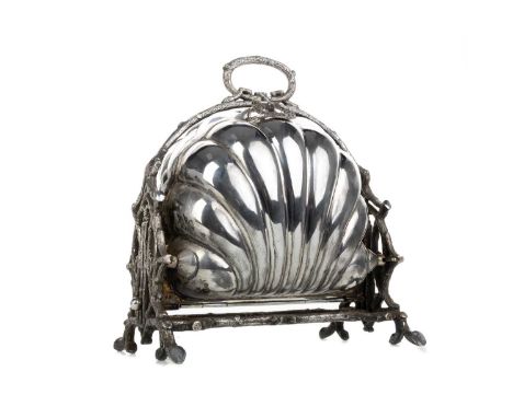 VICTORIAN SILVER PLATED BISCUIT BOX, WALKER & HALL of clam shell form, hinged opening to reveal two pierced covers with prese
