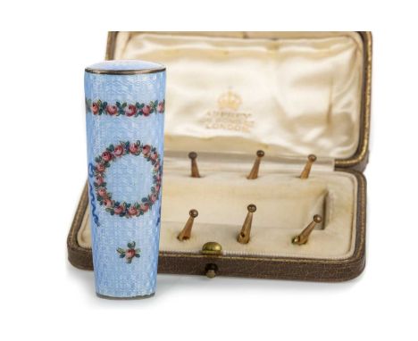 EDWARDIAN SILVER AND ENAMEL PARASOL HANDLE, ASPREY OF LONDON, CIRCA 1900 of tapered oval form and decorated with floral garla