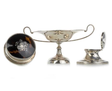 EDWARDIAN SILVER BONBON DISH, ALONG WITH AN INKWELL AND A TABLE COMPACT  the stemmed dish with reeded border and twin loop ha