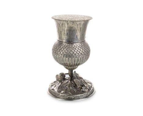 VICTORIAN SILVER PLATE INKWELL, LATE 19TH/EARLY 20TH CENTURY  modelled as a single thistle head, the hinged head opening to r