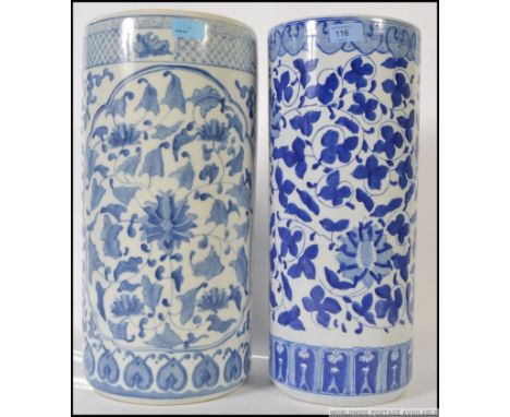 A large Chinese blue and white floor vase / umbrella stand together with another similar ( see illustrations ) H46cm