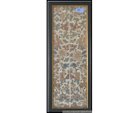 A highly decorative Chinese needlepoint lacework and silk panel depicting fauna, deer and people. Framed and glazed 55x22cm