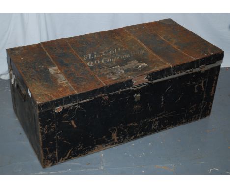 An early 20th century military officers tin steamer trunk chest of rectangular form with hinged top having notation to the to