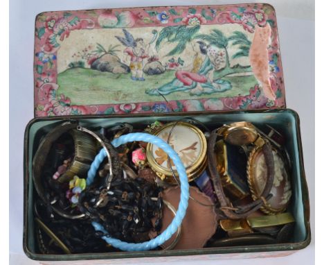 A vintage Chinese enamel set box with costume jewellery to include an old yellow metal watch ( untested) silver objects, neck