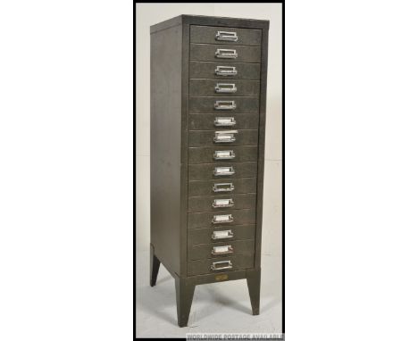 A vintage / retro industrial painted metal office 15 drawer filing cabinet of pedestal form with loop handles to each finishe