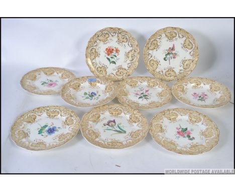 A collection of 19th century Davenport ceramic dinner plates having yellow ground borders with gilt scalloped edges, stamped 