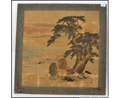 An early 20th century unusual Chinese handpainted painting on velvet set to a panel frame. The picture of worshipping people 