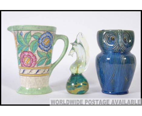 An unusual signed Deby jug in the form of  an owl together with a Mdina art glass sculpture and an Art Deco Ducal vase