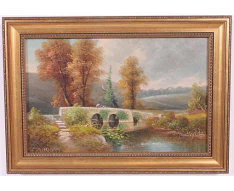 George Harris (1847-1915) An oil on panel painting  Wickham Bridge, River Frome, Stapleton near Bristol. Riverside scene bein
