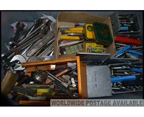 A large collection of assorted vintage engineering tools etc to include Spanners, drills, various accessories etc.