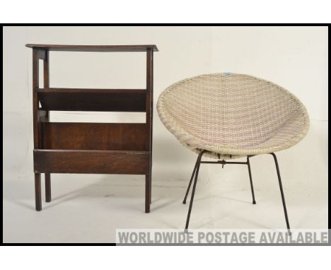 A retro weave atomic 1960's bedroom chair together with a vintage oak book trough bookcase cabinet  Measures: 79 x 46 x 23.