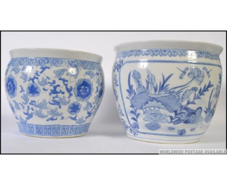 2 large Chinese blue and white ceramic carp bowls / planters with decorative designs having greek key design to top W26cm