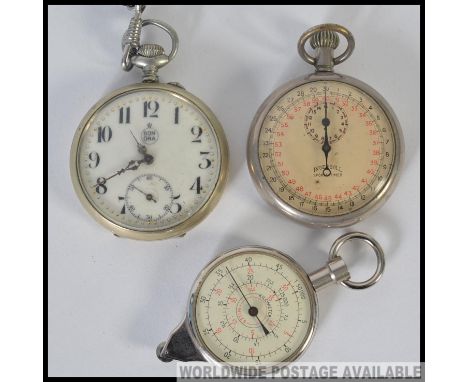 A vintage Bonora nickel silver pocket watch together with an Ingersoll stop watch and another