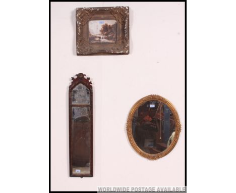 A Victorian wall mirror of arched form together with a gilt framed oval mirror and a print in gesso style oversized frame Mea