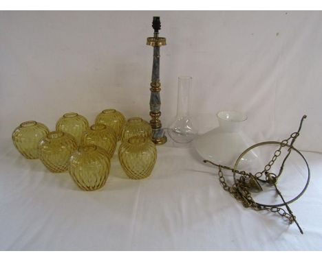 8 orange glass lamp shades, lamp base, oil lamp chimney and brass hanging light with milk glass cover&nbsp;