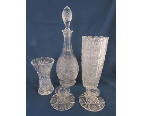 Cut glass vase (advised Czechoslovakian) - decanter, candlesticks and small vase