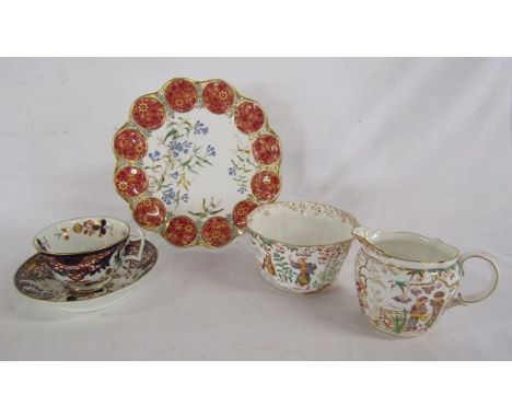 Early Derby tea cup and saucer, Spode plate and Royal Crown Derby 'Oriental' sugar bowl and milk jug