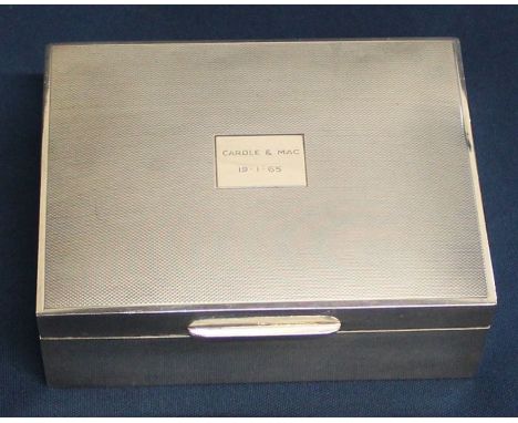 Silver cigarette box with engine turned decoration &amp; personalised plaque, Birmingham 1963, 11.5cm w x 8.5cm d x 4cm h