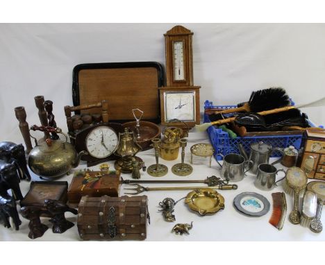 Selection of brassware, aneroid barometer, various brushes, decorative boxes etc.
