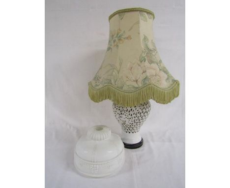 White fretwork ceramic table lamp (converted lidded urn) and white glass lamp shade