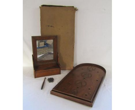 Boxed bagatelle board with metal balls with an oak table mirror approx. 45cm x 29cm