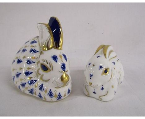 Royal Crown Derby gold button blue and gold rabbit paperweights