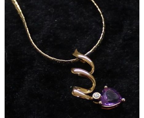 14ct gold flat link necklace marked 585 (6.80g) with spiral heart shaped amethyst and diamond set pendant marked 750 D003 (2.