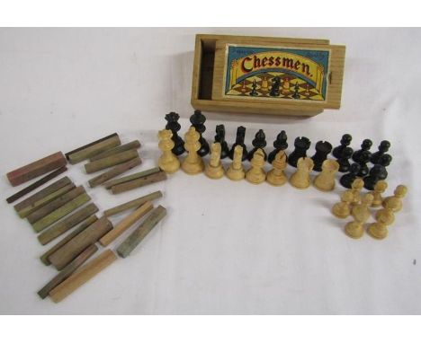 Chad Valley Chessmen boxed chess pieces and some wooden pattern makers