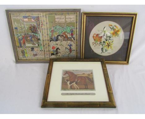 Oriental silk print, 'Golden Lilies' pure silk embroidery by Helen Stevens and 'The Suffolk Punch and a Hound' needlepoint