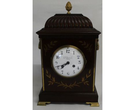 J W Benson inlaid mahogany bracket clock on brass feet, 41cm high, 25cm wide, 15.5cm deep