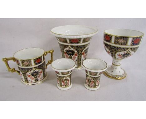 Royal Crown Derby 1128 Imari pattern goblet, small flare rimmed vases, flare rimmed vase/planter and 2 handled cup,&nbsp;