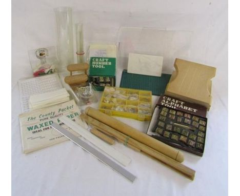 Collection of cake making and decoration tools, includes rolling pin, marble, number and alphabet tools, etc