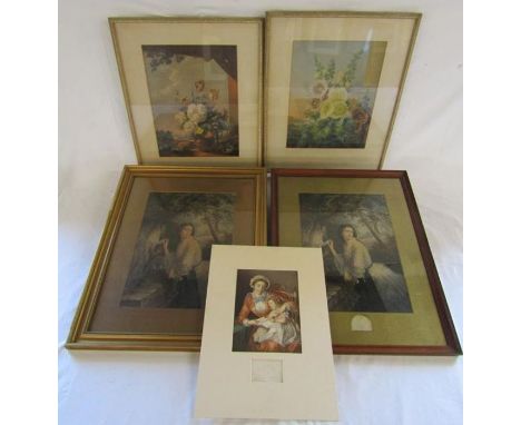 4 framed and one unframed Baxter print - 'The First Lesson' - 'The Lover's Letterbox' 'Hollyhocks'&nbsp; and 'The Gardeners S
