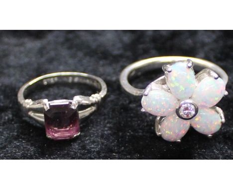 Opal set ring - ring size S &amp; amethyst style ring - ring size J - both marked 925