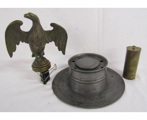 Brass eagle approx. 16cm from base, pewter inkwell and clock weight