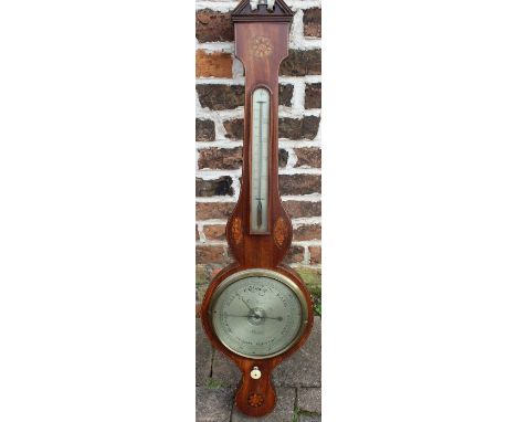 19th century mahogany banjo barometer with boxwood inlay, the silver dial signed John Gugeri Boston