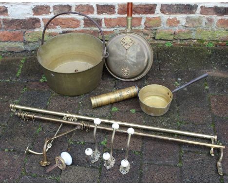 2 brass portiere rods, Victorian brass and ceramic hooks, brass jam pan etc.