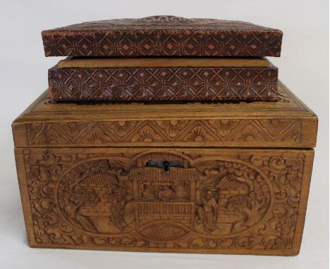 Carved Chinese box 30cm w x 20cm d x 15cm h &amp; Continental book shape box