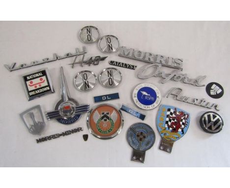 Collection of car badges includes Morris Oxford, Vauxhall, Morris Minor, BARC (British Automobile Racing) etc