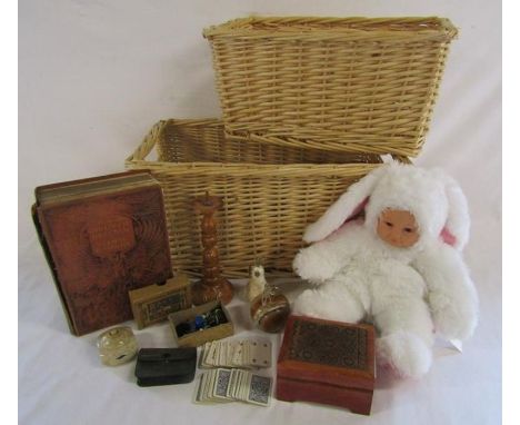 Mixed collection with stacking wicker baskets, J. Lewis Bonhote 'Birds of Britain' book with colour plates, Anne Geddes doll,