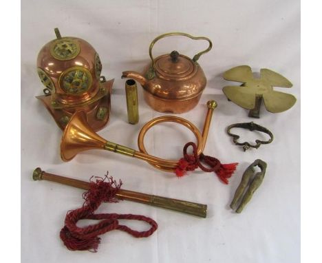 Collection of brass and copper includes fan trivet stand, small copper and brass divers helmet, copper kettle, copper and bra