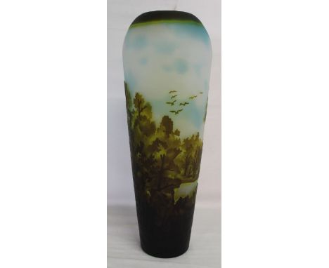 Tall glass vase decorated with trees in relief, marked "Galle Type" to base 44cm high