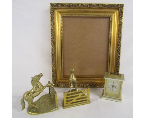 Brass horses jumping fences book ends, battery clock and gilded picture frame approx. 45.5cm x 38cm