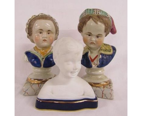 Tharaud Limoges parian ware bust of a boy's head and pair or 20th century Staffordshire style Bourbon children busts