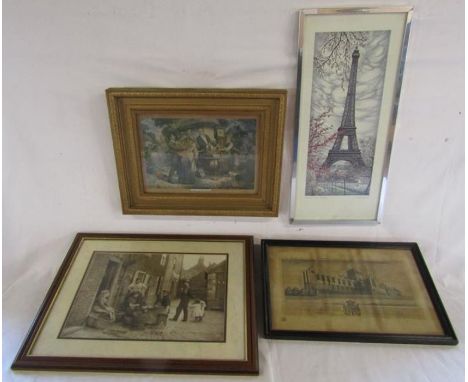 4 framed prints - 'Shoreline Cottages' after Sutcliffe - 'North View of Whitby Abbey' - 'Saving the Old Home' auction print -