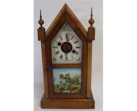 Late 19th century American mantel clock with architectural form case and lower illustrated glass panel - approx. 37cm H